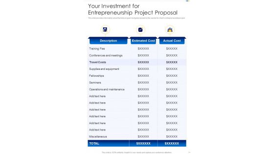 Your Investment For Entrepreneurship Project Proposal One Pager Sample Example Document