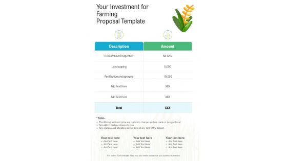 Your Investment For Farming Proposal Template One Pager Sample Example Document