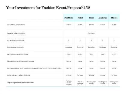 Your investment for fashion event proposal valet ppt powerpoint