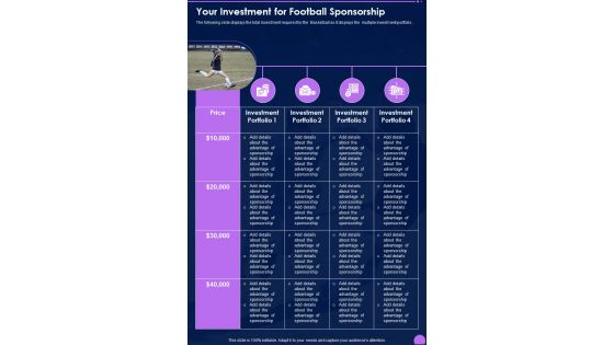 Your Investment For Football Sponsorship One Pager Sample Example Document