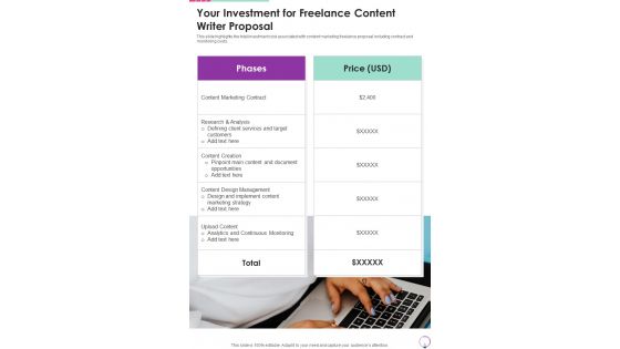 Your Investment For Freelance Content Writer One Pager Sample Example Document