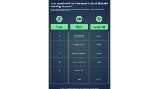 Your Investment For Freelance Product Blueprint Planning Proposal One Pager Sample Example Document
