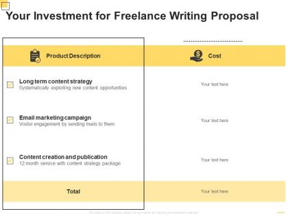 Your investment for freelance writing proposal ppt powerpoint presentation pictures example file