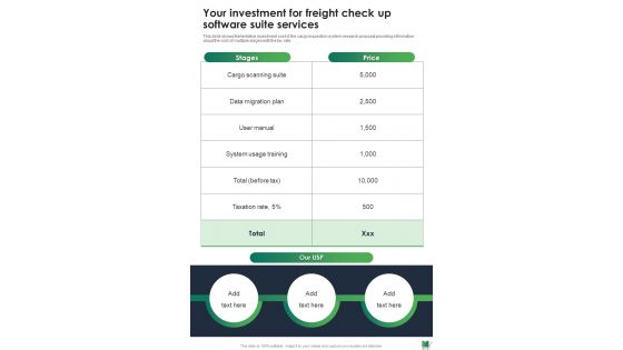 Your Investment For Freight Check Up Software Suite Services One Pager Sample Example Document
