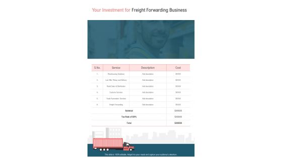Your Investment For Freight Forwarding Business One Pager Sample Example Document