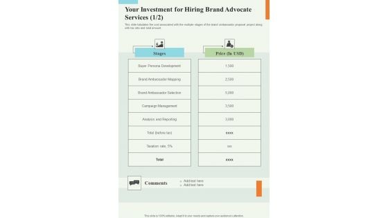Your Investment For Hiring Brand Advocate Services One Pager Sample Example Document