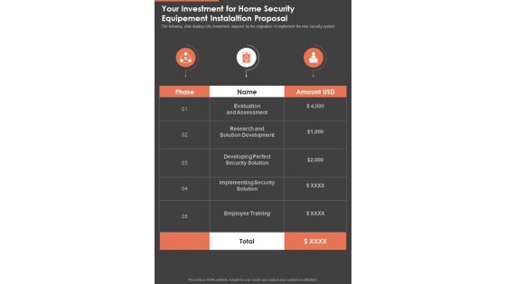 Your Investment For Home Security Equipement Instalaltion Proposal One Pager Sample Example Document
