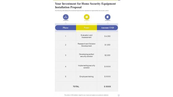 Your Investment For Home Security Equipment Installation Proposal One Pager Sample Example Document