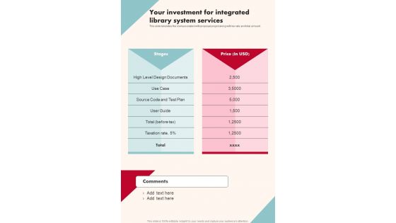 Your Investment For Integrated Library System Services One Pager Sample Example Document