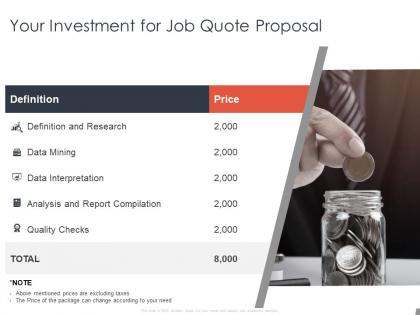 Your investment for job quote proposal analysis ppt powerpoint slides