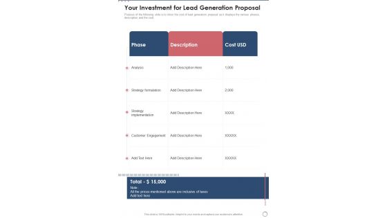 Your Investment For Lead Generation Proposal One Pager Sample Example Document