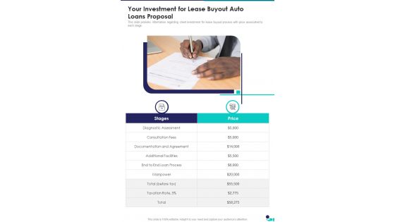 Your Investment For Lease Buyout Auto Loans Proposal One Pager Sample Example Document