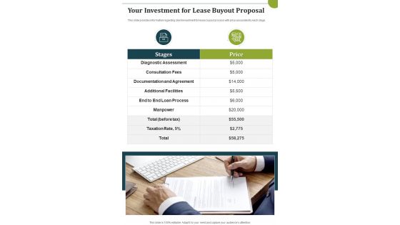 Your Investment For Lease Buyout Proposal One Pager Sample Example Document