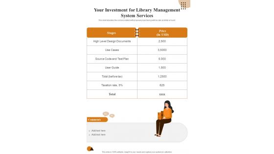 Your Investment For Library Management System Services One Pager Sample Example Document