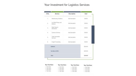 Your Investment For Logistics Service Proposal Template One Pager Sample Example Document
