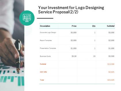 Your investment for logo designing service proposal price ppt powerpoint