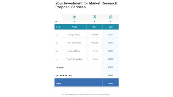 Your Investment For Market Research Proposal Services One Pager Sample Example Document