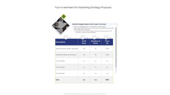 Your Investment For Marketing Strategy Proposal One Pager Sample Example Document