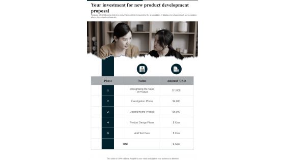 Your Investment For New Product Development Proposal One Pager Sample Example Document