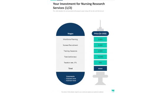 Your Investment For Nursing Research Services One Pager Sample Example Document