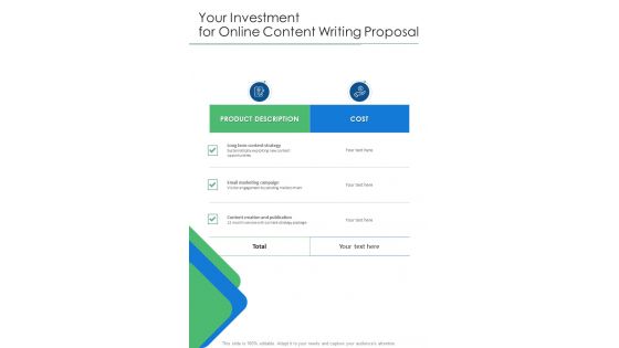 Your Investment For Online Content Writing Proposal One Pager Sample Example Document
