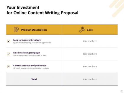 Your investment for online content writing proposal ppt powerpoint images