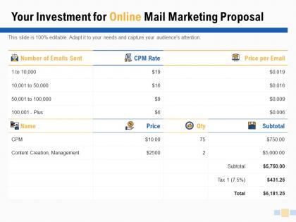 Your investment for online mail marketing proposal ppt powerpoint slides