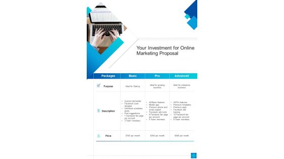 Your Investment For Online Marketing Proposal One Pager Sample Example Document