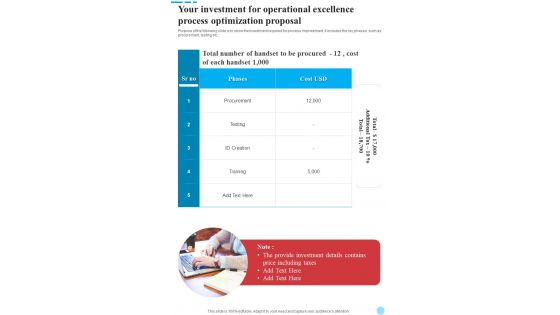 Your Investment For Operational Excellence Process Optimization Proposal One Pager Sample Example Document