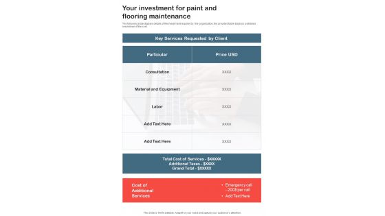 Your Investment For Paint And Flooring Maintenance One Pager Sample Example Document