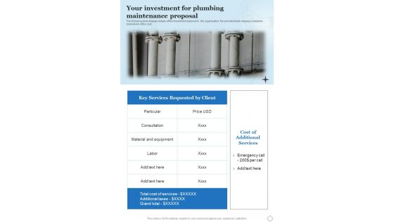 Your Investment For Plumbing Maintenance Proposal One Pager Sample Example Document