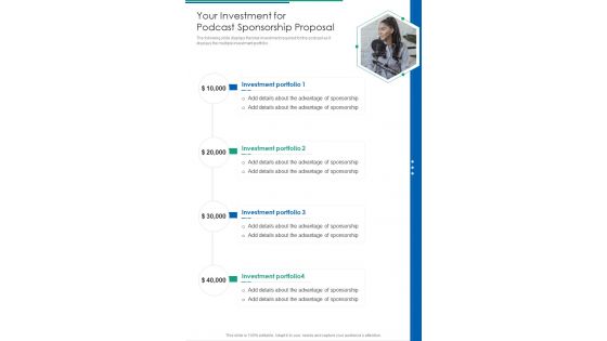 Your Investment For Podcast Sponsorship Proposal One Pager Sample Example Document
