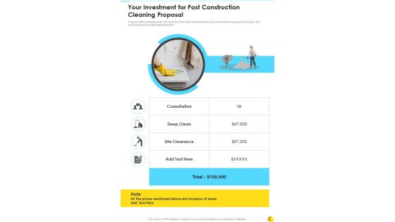 Your Investment For Post Construction Cleaning Proposal One Pager Sample Example Document