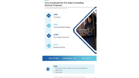 Your Investment For Pre Sales Consulting Services Proposal One Pager Sample Example Document