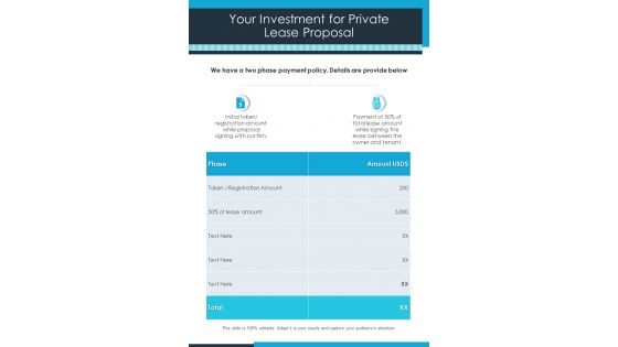 Your Investment For Private Lease Proposal One Pager Sample Example Document