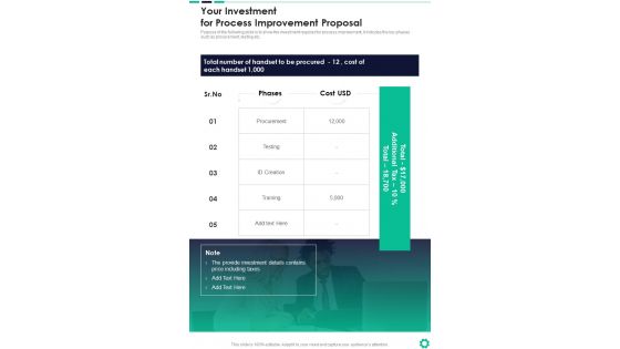 Your Investment For Process Improvement Proposal One Pager Sample Example Document