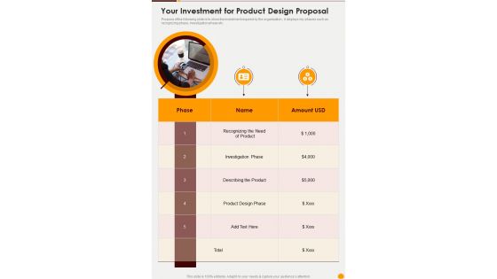 Your Investment For Product Design Proposal One Pager Sample Example Document