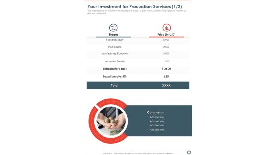 Your Investment For Production Services One Pager Sample Example Document
