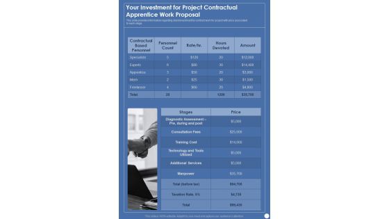 Your Investment For Project Contractual Apprentice Work Proposal One Pager Sample Example Document