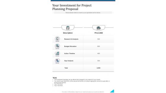 Your Investment For Project Planning Proposal One Pager Sample Example Document