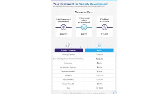 Your Investment For Property Development One Pager Sample Example Document