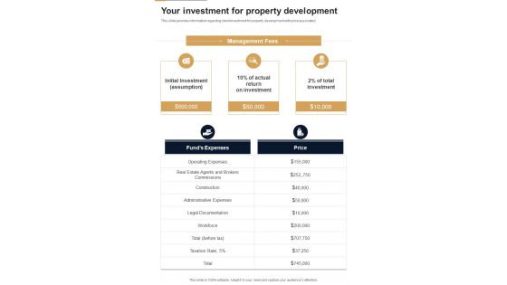 Your Investment For Property Real Estate Development One Pager Sample Example Document