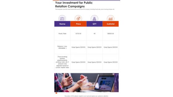 Your Investment For Public Relation Campaigns One Pager Sample Example Document
