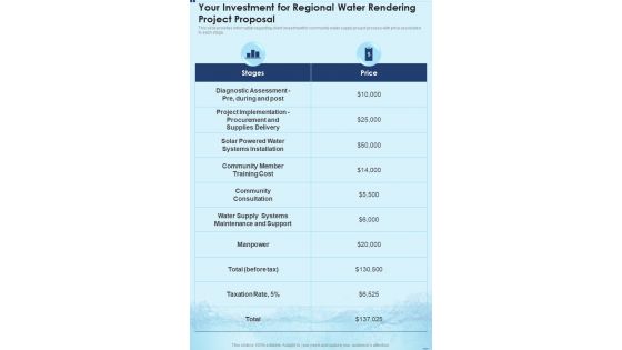 Your Investment For Regional Water Rendering Project Proposal One Pager Sample Example Document