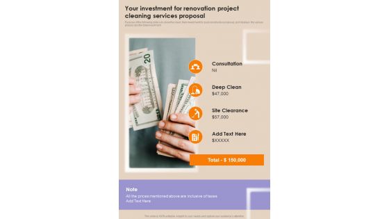 Your Investment For Renovation Project Cleaning Services Proposal One Pager Sample Example Document
