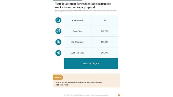Your Investment For Residential Construction Work Cleanup Services Proposal One Pager Sample Example Document