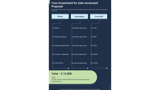 Your Investment For Sale Increment Proposal One Pager Sample Example Document