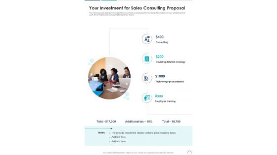 Your Investment For Sales Consulting Proposal One Pager Sample Example Document