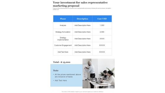 Your Investment For Sales Representative Marketing Proposal One Pager Sample Example Document