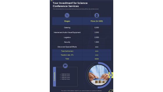 Your Investment For Science Conference Services One Pager Sample Example Document